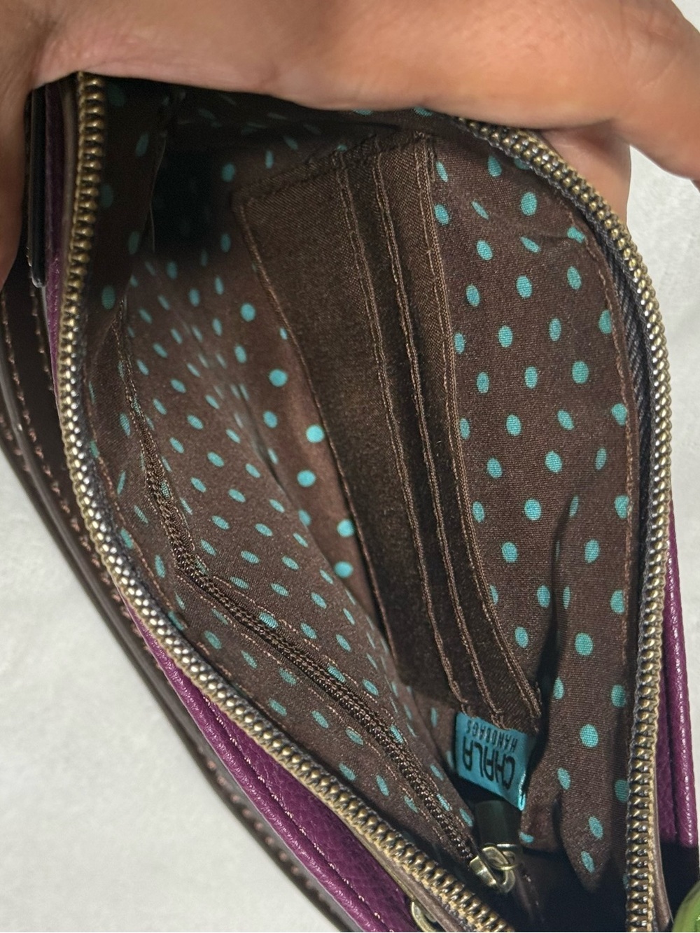 Chala Purple Floral Appliqué Crossbody Bag with Blue Accents - Picture 4 of 4